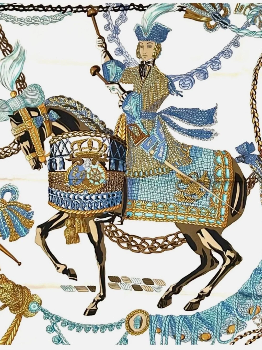 Hermes Blue, Gold and Brown Equestrian Motif Silk Scarf